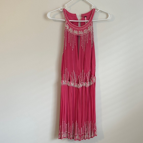 Free People Pink and Cream Beaded Halter Dress with Cutout - Picture 2 of 8